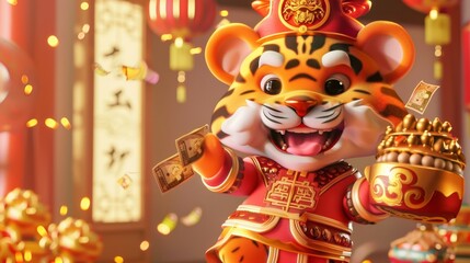 A cute tiger in God of Wealth costume giving out money on CNY. Blessings and Caishen sending blessings are written in Chinese on the lucky bag and left side of the banner.