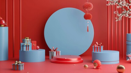 The stage is blue in front of a blank spring couplet, with the gift shopping objects positioned on the red backdrop. It serves as a different backdrop for the CNY promotional video.