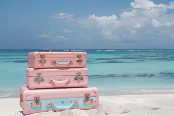 Three pink suitcases stacked on azure beach, under cloudy sky