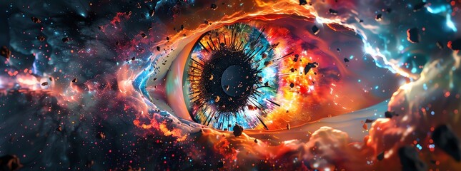3D render of abstract space eye, glitch effect with dark background, colorful explosion, broken and destroyed black hole in the center, 2D illustration, epic composition, digital art - obrazy, fototapety, plakaty