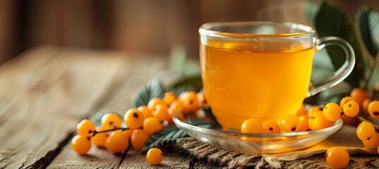 A herbal tea mixed with sea buckthorn berries on a rustic wooden table - obrazy, fototapety, plakaty