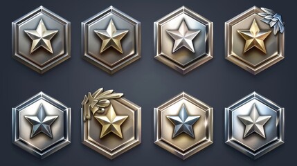 This is a set of game rank icons isolated on dark blue background. Set of hexagonal silver, platinum, or steel medals decorated with shiny metal stars and wings. Level trophy badges. Modern - obrazy, fototapety, plakaty