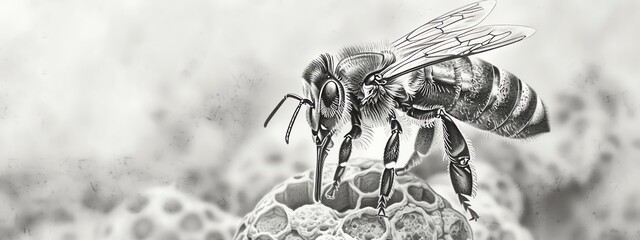 Craft a visually striking pen and ink illustration of a bee delicately perched on a honey dipper Emphasize the contrast between the intricate patterns of the bees body and the smooth texture of the di