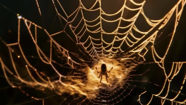 In the dark of night, a spider web glows gold and ethereal. The intricately spun threads resemble a luminous work of art. At its center, the tiny silhouette of an insect or spider stands still.
