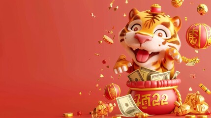 The banner depicts a 3D rendering of a tiger jumping into a bag full of money. In Chinese, it says, wishing you a prosperous new year.