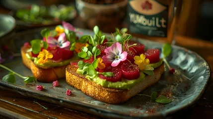 Foto op Plexiglas AI-generated illustration of slices of bread with guacamole and beet toppings © Wirestock