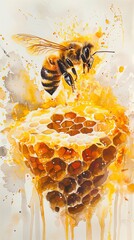 Capture the intricate details of a buzzing bee hovering above a gleaming honey dipper Utilize watercolor to bring out the delicate wings and the golden richness of the honey