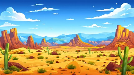 A desert of Africa or Arizona Wild West natural landscape. Cartoon panoramic background, yellow sand, cacti, rocks under a blue sky with clouds.