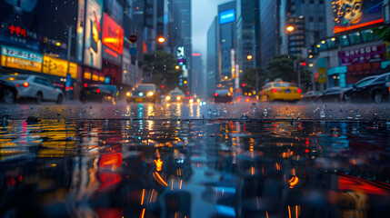 City street reflected in water with buildings and skyscrapers in the background