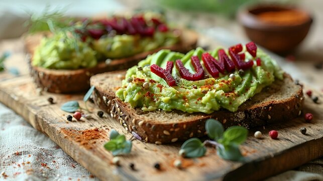 AI-generated illustration of slices of bread with guacamole and beet toppings