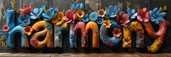 AI-generated illustration of the word harmony spelled out with painted flowers against a wall