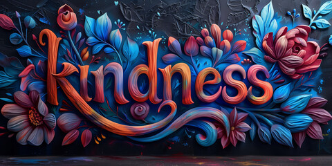 AI-generated illustration of the word kindness spelled out with painted flowers against a wall - obrazy, fototapety, plakaty