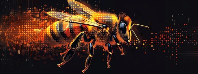 Produce a visually striking representation of a bees backside in pixel art style, accompanied by a trail of pixelated sound waves that convey movement and energy in a unique and captivating way - obrazy, fototapety, plakaty