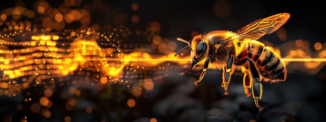 Incorporate a rear view of a vibrant yellow and black striped bee flying, with a trail of vibrant sound waves buzzing behind it, using digital rendering techniques - obrazy, fototapety, plakaty