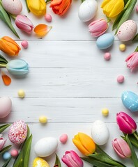 AI generated illustration of Easter-themed still life with eggs, tulips, and cookies on wooden table