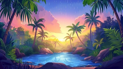 Fototapeta na wymiar Cartoon tropical jungle forest swamp or lake landscape with blue water pond, palm trees, rocks, and dusk sunlight falling on ground. Wild rainforest illustration.