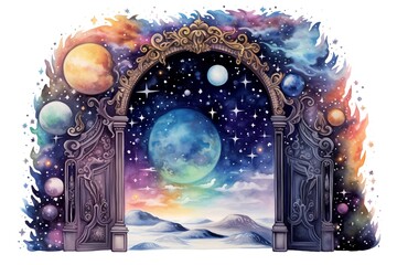 Magic portal with moon and stars, watercolor painting, vector illustration