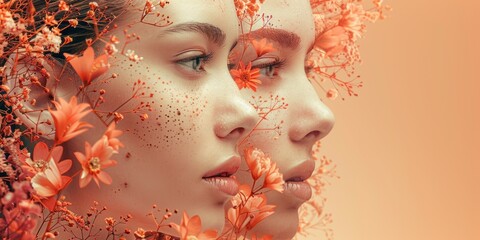 Beautiful woman face with flowers. Portrait of beautiful young woman with flowers.