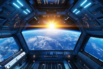 3d rendering of spaceship interior with window view on planet earth and sun light, blue color scheme, futuristic style, space background, science fiction theme, high resolution