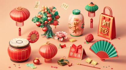Illustration of Spring Festival objects: lantern, drum, fan, tree, red envelope, gift box, and money. Chinese text on lucky bag.