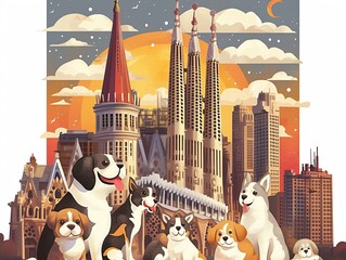 A group of playful puppies cartoon character in front of the Sagrada Familia in Barcelona, Spain ,watercolor illustration - obrazy, fototapety, plakaty