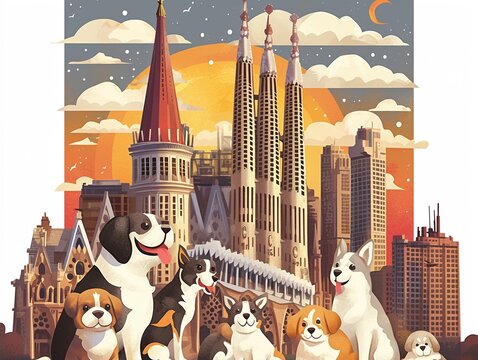 A group of playful puppies cartoon character in front of the Sagrada Familia in Barcelona, Spain ,watercolor illustration