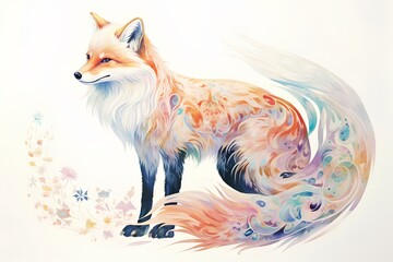 Fototapeta premium Vector image of a fox on a white background with floral elements.