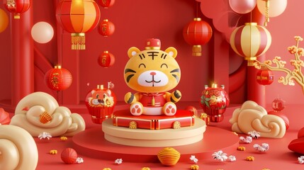 Obraz na płótnie Canvas Background of three-dimensional podium for 2022 Chinese New Year celebrations. Spring Festival background with cute tiger, folding screen, and lucky bag with Chinese blessings.