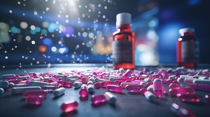 Medicines are scattered and medicine with bottles on the table. Generative AI