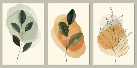 Set of plant-themed wall decorations featuring line drawings and abstract shapes, perfect for covering prints and wallpapers.