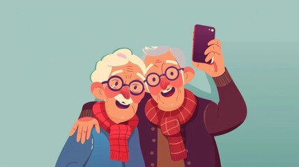 Illustration of an elderly woman taking a selfie with her spouse. She uses her smartphone to take a selfie.