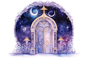 Ramadan Kareem greeting card with arabic lanterns and crescent moon. Watercolor illustration