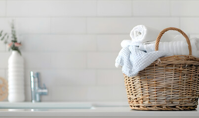 laundry clothes pile in a wicker basket at bathroom, Generative AI