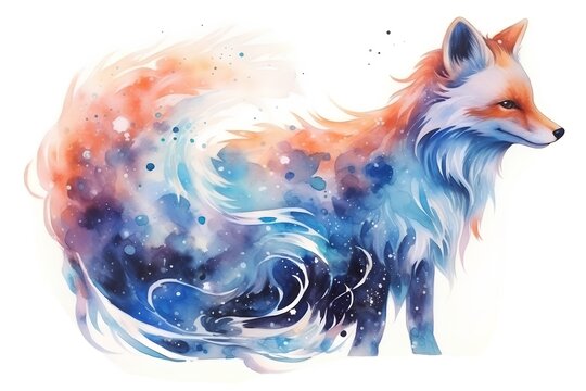 Beautiful watercolor illustration of a fox in the night sky.