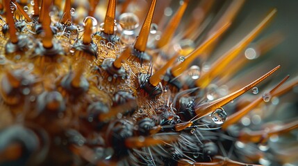 Detailed macro shot of Arctium burdock seeds with tiny hooks that cling onto passing animals' fur. - obrazy, fototapety, plakaty