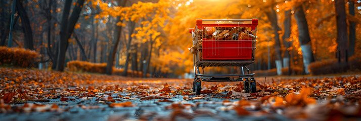 autumn in the park,
 Supermarket trolley in autumn park leaf fall dis - obrazy, fototapety, plakaty