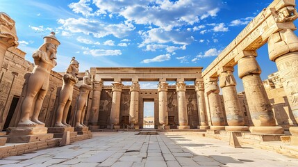 The temple's main entrance is adorned with columns and sculptures on the first pylon in Egypt. - obrazy, fototapety, plakaty