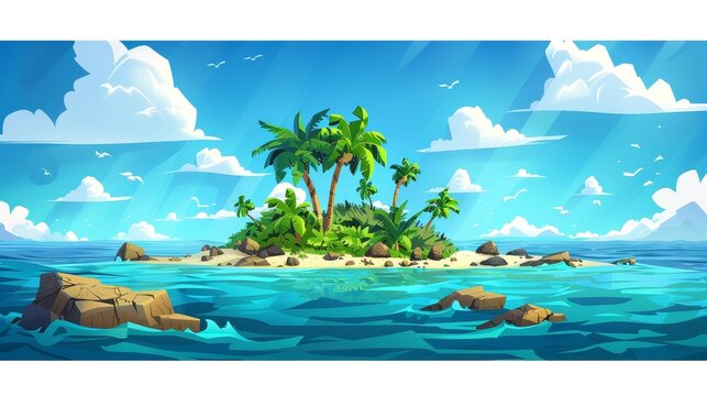 Cartoon background with sea and palm trees under blue sky, calm water surface with rocks under beautiful cloudy heaven, modern illustration of an island in the ocean.