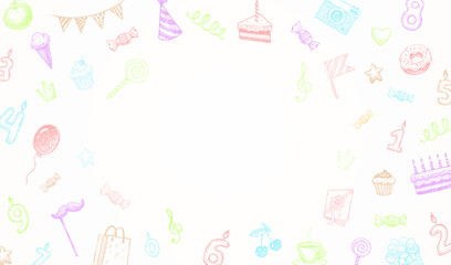 Happy birthday greeting card with hand drawn elements. Birthday paty design with copy space. Vecor illustration.