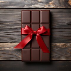Chocolate bar with red bow on dark wooden background, top view
