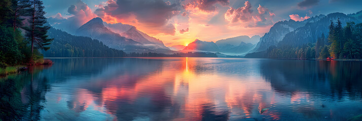 sunset over lake,
Sunset in the mountains at a calm lake that crea