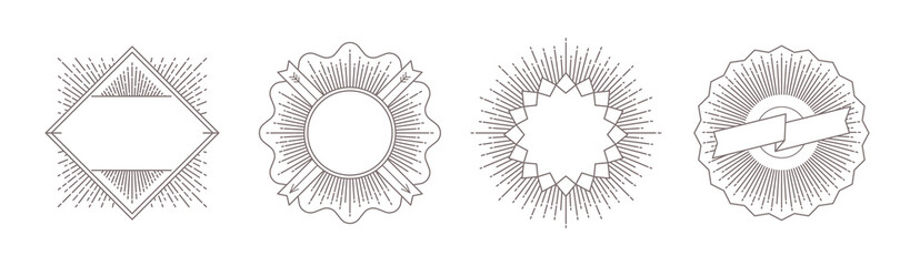 Set of line heraldic emblems and  labels with sunburst rays. Vector illustration. Elements for logo or identity design.