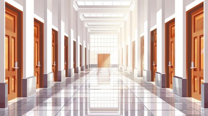 The interior design of a hospital, hotel, university or office building is a white light filled room with many wooden doors and large windows. - obrazy, fototapety, plakaty