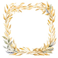Watercolor wreath with golden leaves and branches on white background.