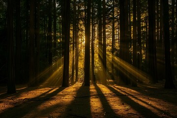 AI generated illustration of sunlight filters through redwood forest branches