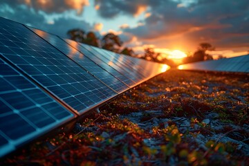Solar Symphony: Dusk's Glow Over Efficient Energy Rows. Concept Solar Energy, Sunset, Efficient Technology, Renewable Resources, Environmental Conservation