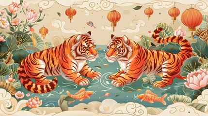 Chinese New Year elements for the Year of the Tiger in 2022. Illustration of two zodiac animals tigers, a Chinese koi fish, and some wealth symbols on khaki background.