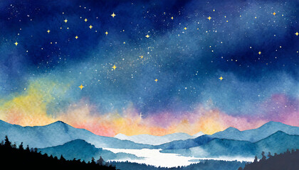 星屑の夜空の風景、水彩画
