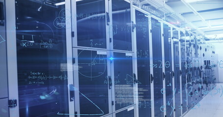 Image of data processing and mathematical equations against computer server room