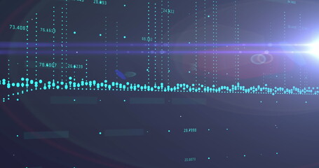 Image of graphs, increasing numbers and lens flare against abstract background
